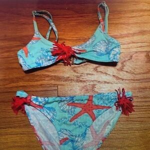 Kids Starfish Print Bikini - Blue and Red